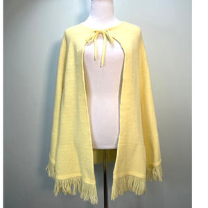 Vintage Poncho Cape One Size Yellow Fringed 60s 70s Mod Open Front Sweater